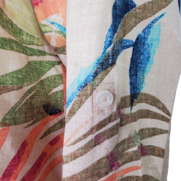CHICO'S Linen Tropical Button Down Tab Sleeve Blouse Shirt Sz 2 12/14 Palm Leaf - Picture 8 of 11